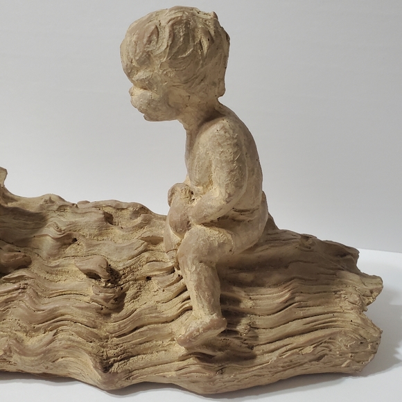 Vintage Haeger Pottery M. Strubel Resin Sculpture 2 Children On A Fallen Tree - Picture 3 of 16